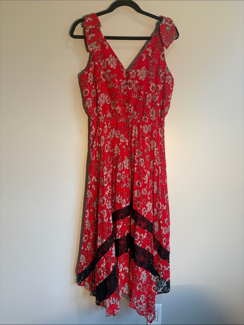 Nanette Lepore Red Floral Asymmetrical Dress with Black Lace Insets